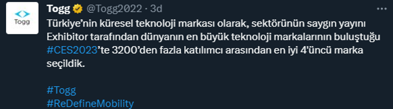 TOGG, CES2023te en iyi 4. marka seçildi