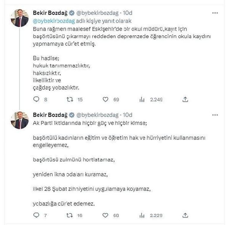 Bakan Bozdağdan, okul müdürüne başörtüsü tepkisi: Çağdaş yobazlık