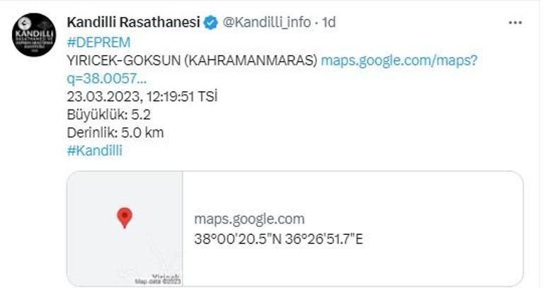 Son dakika Kahramanmaraşta 5.3 büyüklüğünde deprem