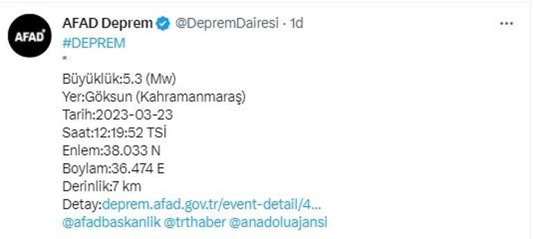 Son dakika Kahramanmaraşta 5.3 büyüklüğünde deprem
