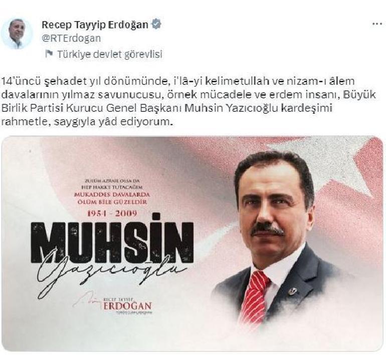Cumhurbaşkanı Erdoğandan, Muhsin Yazıcıoğlu paylaşımı