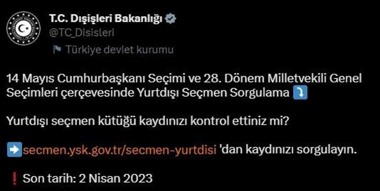 Dışişlerinden 14 Mayıs seçimlerine ilişkin paylaşım Son tarih 2 Nisan 2023