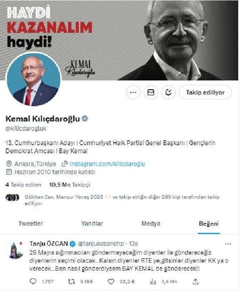 Kılıçdaroğlu, Tanju Özcanın sığınmacı paylaşımını beğendi