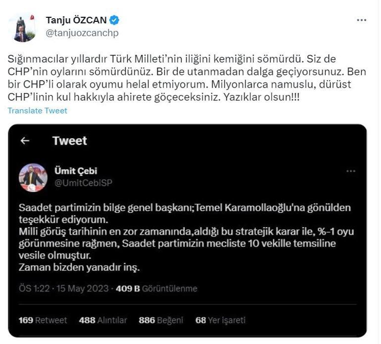 Saadet Partili Çebinin tweetine Tanju Özcandan sert tepki: Oyumu helal etmiyorum