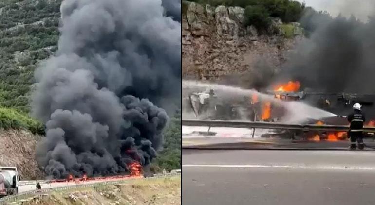 Antalyada devrilen boya ve tiner yüklü TIR, alev alev yandı