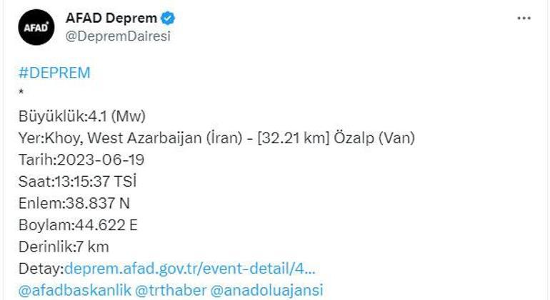 Son dakika... Türkiye-İran sınırında 4.1 büyüklüğünde deprem