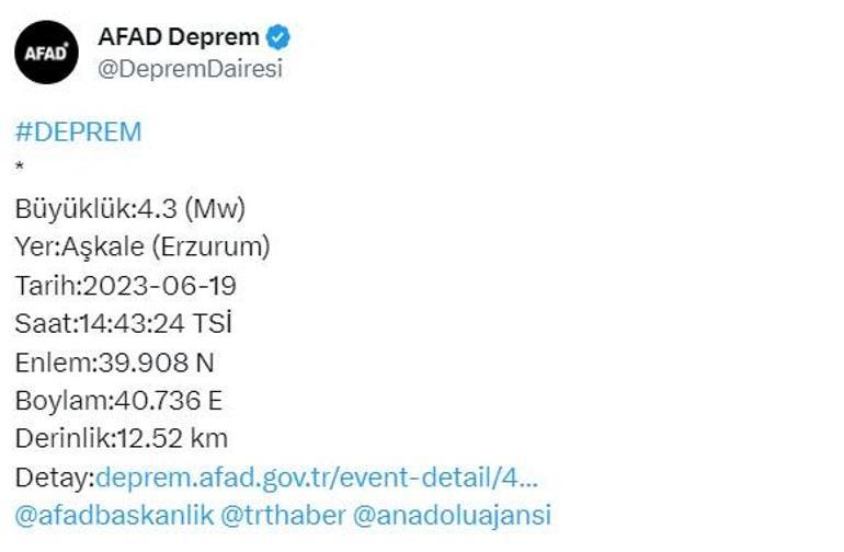 Son dakika: Erzurumda 4.3 büyüklüğünde deprem