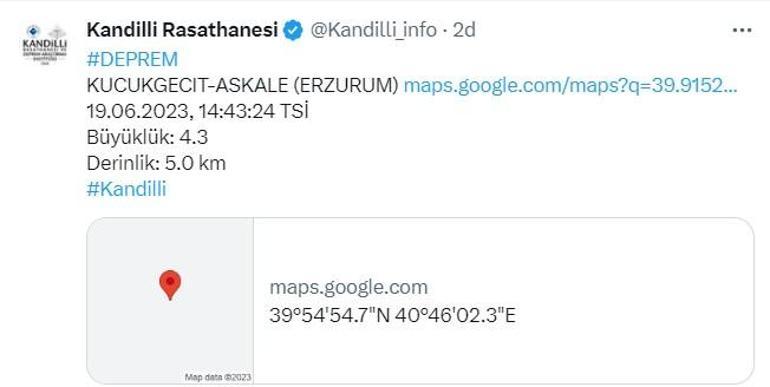 Son dakika: Erzurumda 4.3 büyüklüğünde deprem