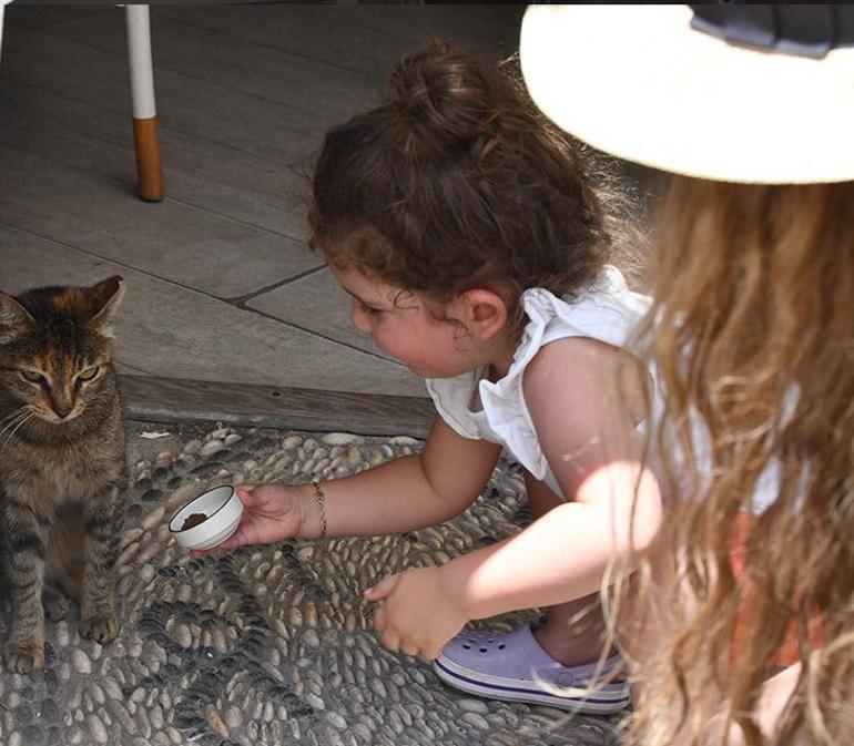 Sinem Kobal ve kızı Çeşmede görüntülendi Lalin kediye kurabiyesini verdi