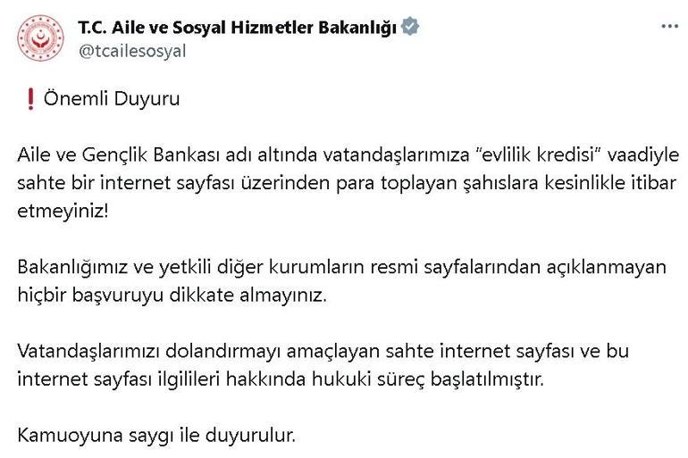 Bakanlık uyardı Evlilik kredisi vaadiyle dolandırmaya çalışanlara dikkat