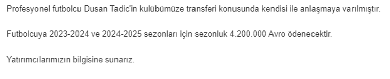 Dusan Tadic resmen Fenerbahçede Transferin maliyeti KAPa bildirildi