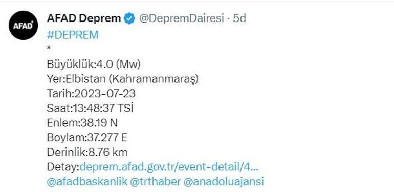 Kahramanmaraşta 4 büyüklüğünde deprem