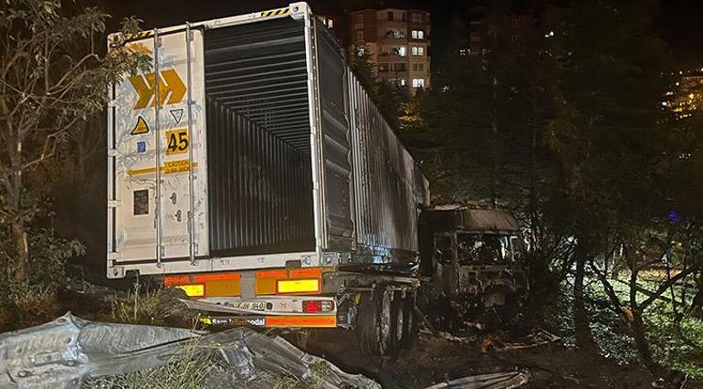 Ankara’da kontrolden çıkan TIR önce yuvarlandı, ardından alev aldı