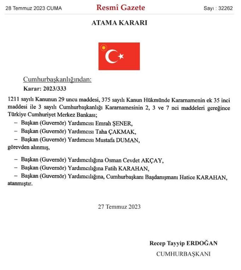 Merkez Bankası başkan yardımcılıklarına atama Resmi Gazetede yayımlandı