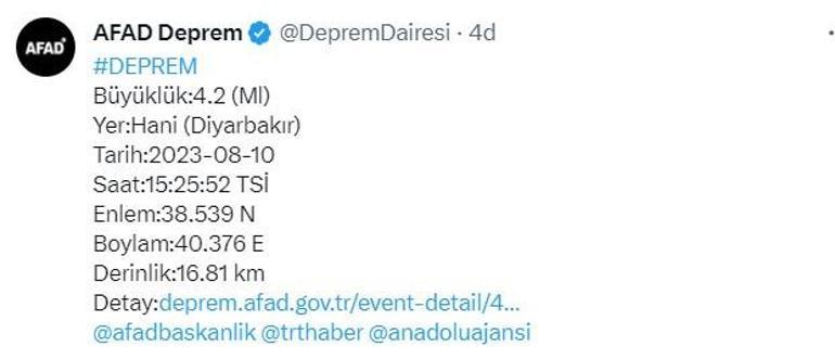Son dakika: Diyarbakırda 4.2 büyüklüğünde deprem