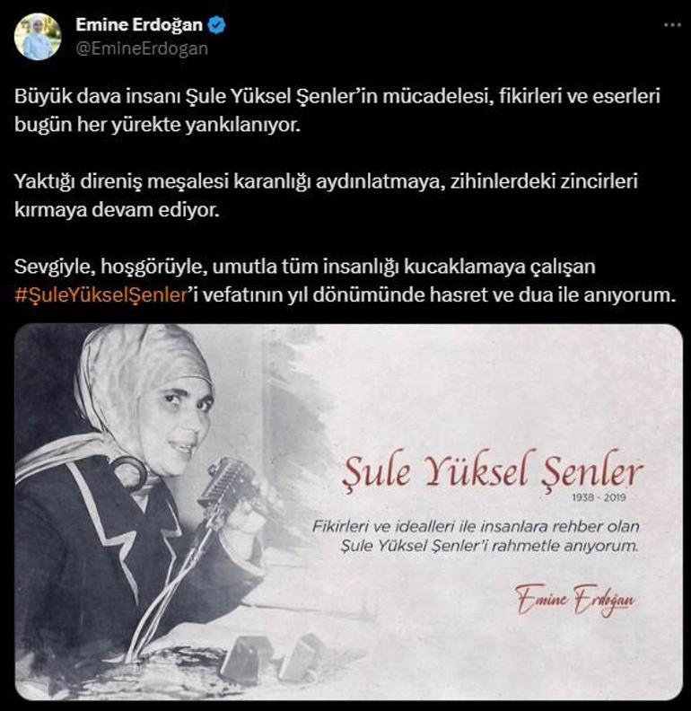 Emine Erdoğandan Şule Yüksel Şenler için anma mesajı