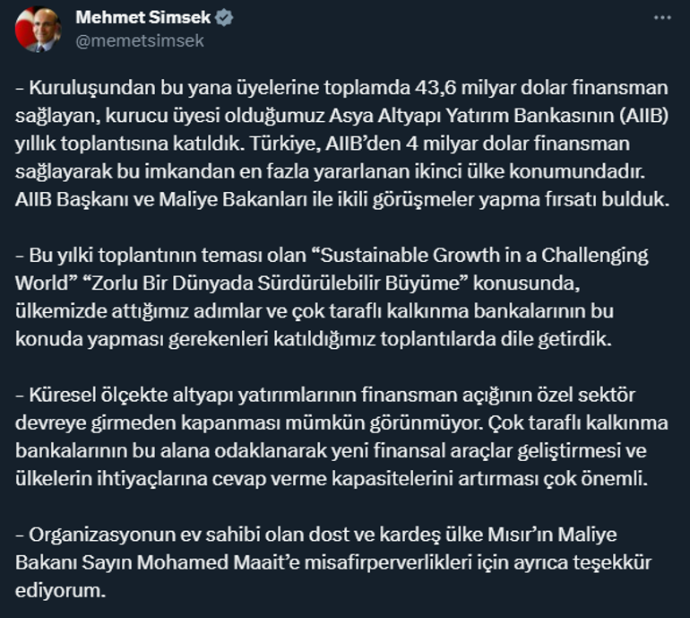 Bakan Şimşekten AIIB açıklaması: 4 milyar dolar finansman sağlandı