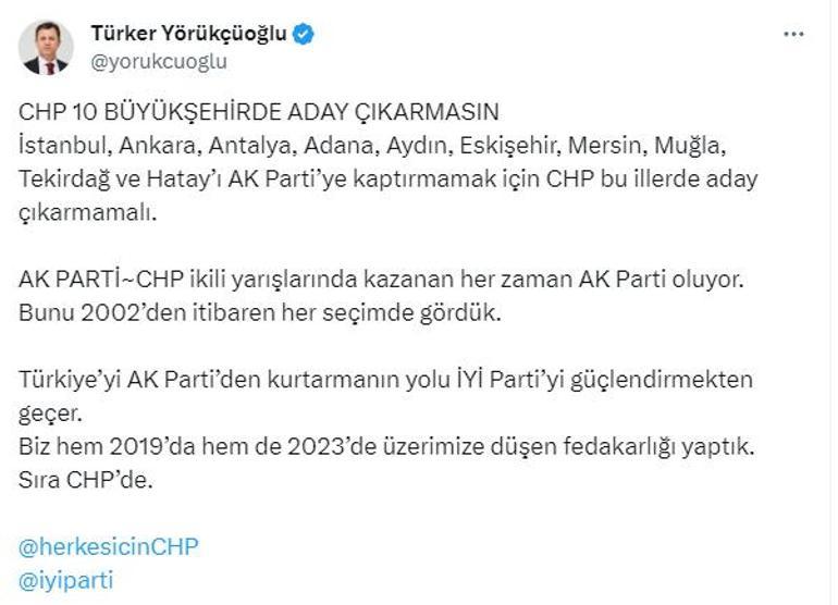 İyi Partiden CHPye 10 ilde aday çıkarmayın teklifi: Fedakarlık sırası sizde
