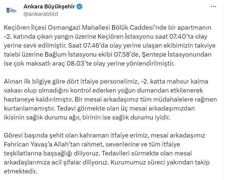 Dumandan etkilenen 4 itfaiye erinden biri şehit oldu 2sinin durumu ağır