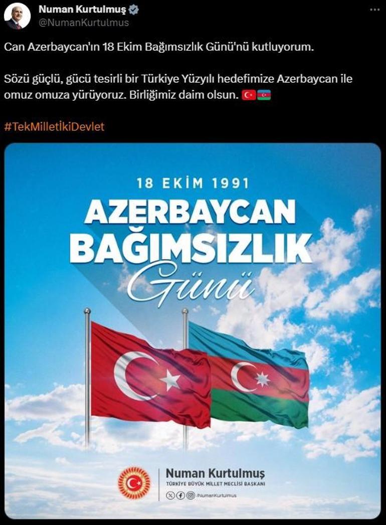 TBMM Başkanı Kurtulmuş, Azerbaycanın Bağımsızlık Gününü kutladı