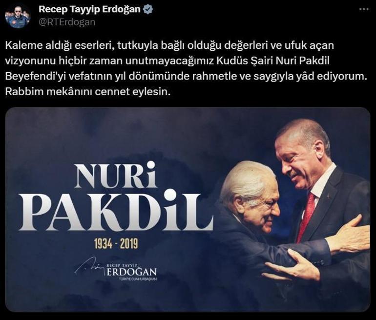 Cumhurbaşkanı Erdoğandan Nuri Pakdili anma mesajı