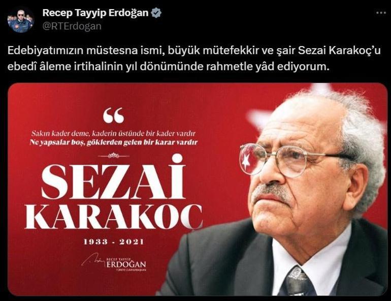 Cumhurbaşkanı Erdoğandan Sezai Karakoçu anma mesajı