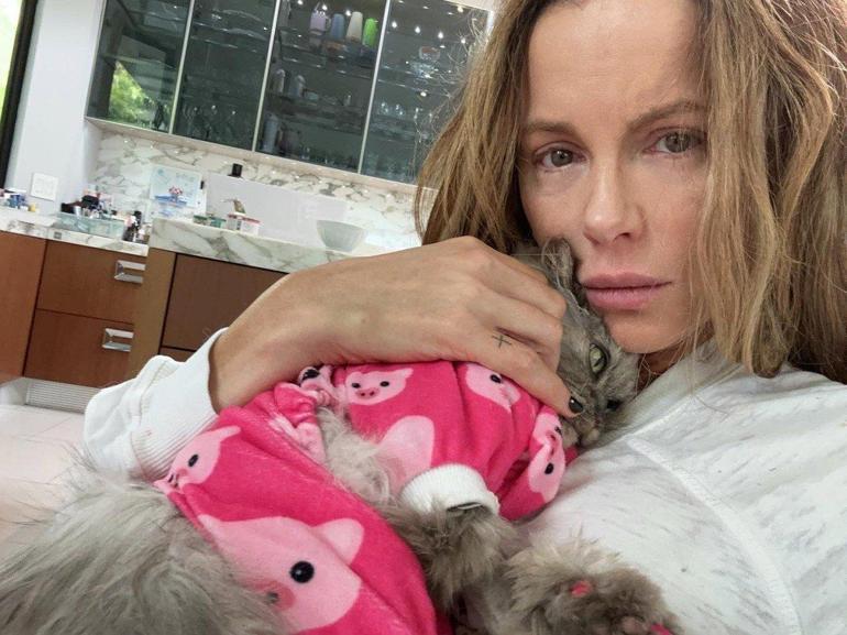 Oyuncu Kate Beckinsale kedisinin külleriyle yatıyor