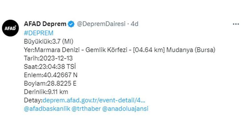 Marmara Denizinde korkutan deprem AFAD: Bursa Mudanyada 3.7lik deprem
