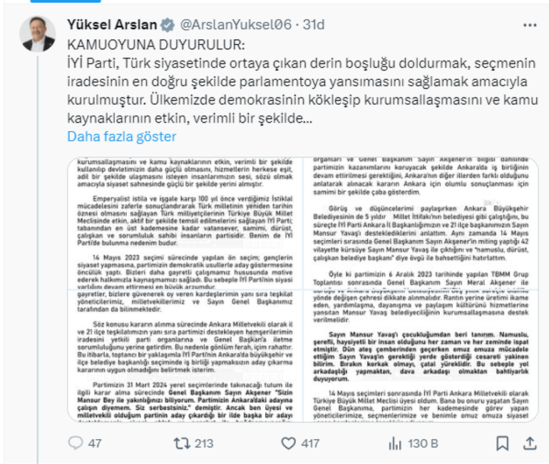 Son dakika...İYİ Partide Mansur Yavaş istifası Ankara Milletvekili Yüksel Arslan partisinden istifa etti