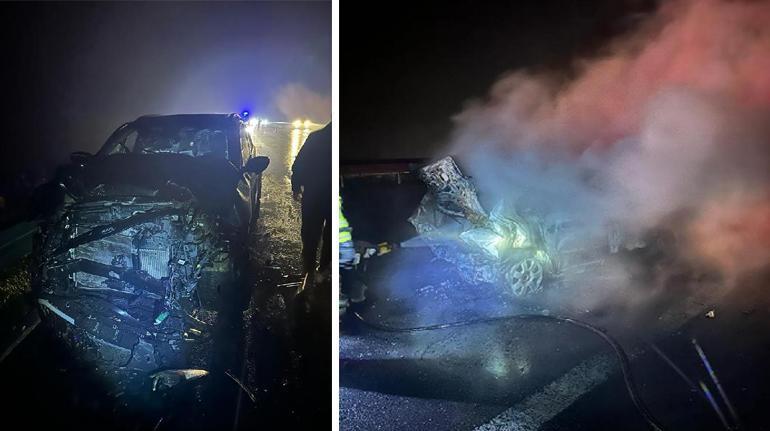 Bursada 2 otomobil çarpıştı Otomobilin biri alev alev yandı