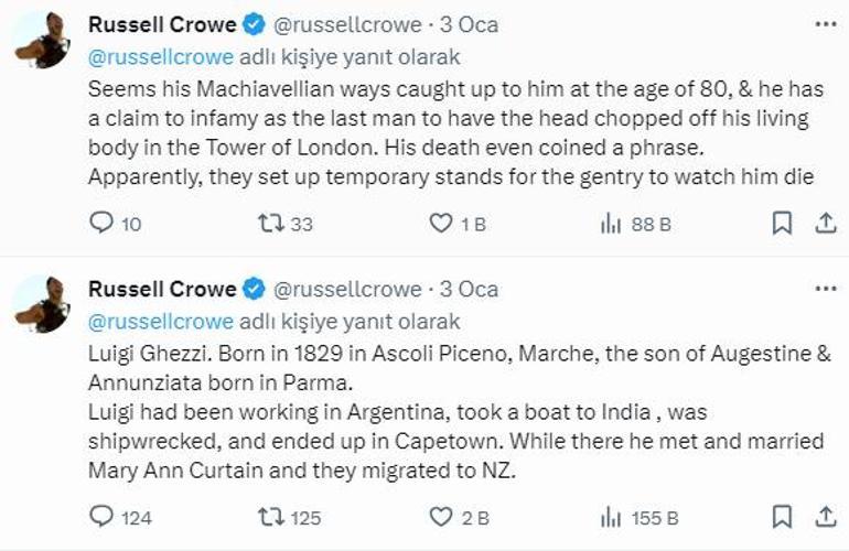 Russell Crowe: İngilterede kafası kesilerek idam edilen son kişinin soyundan geliyorum