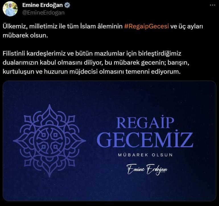 Emine Erdoğandan Regaip Gecesi mesajı