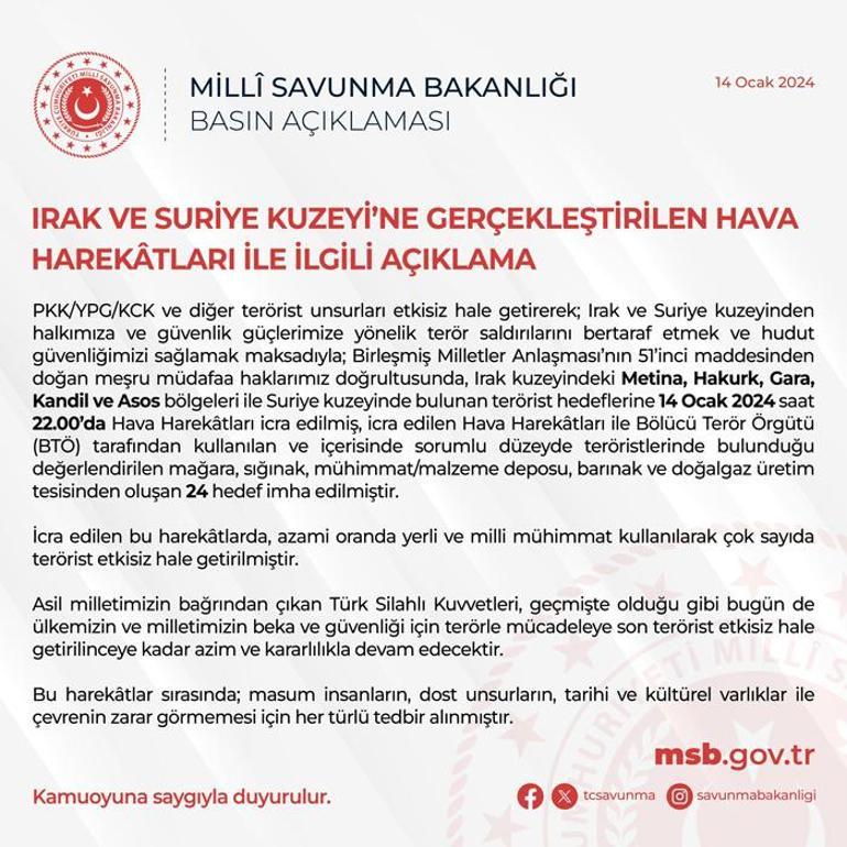 Son dakika: 24 terör hedefi imha edildi MSB: Terör örgütü PKK’ya Pençe vurmaya devam ediyoruz