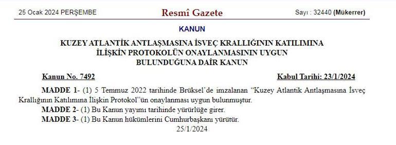 Son dakika: İsveçin NATO onayı Resmi Gazetede