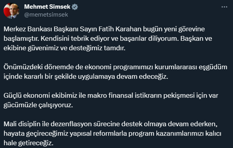 Bakan Şimşek: Merkez Bankası Başkanı ve ekibine güvenimiz tamdır