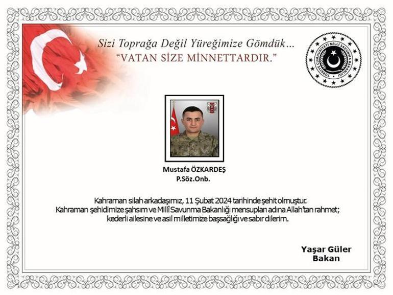 MSB: Piyade Sözleşmeli Onbaşı Mustafa ÖZKARDEŞ Şehit Oldu