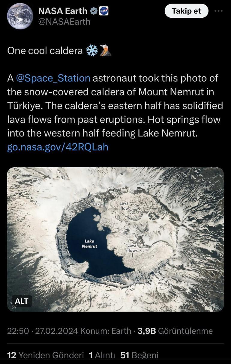 NASAnın yeni gözdesi Nemrut Krater Gölünü uzaydan fotoğrafladılar