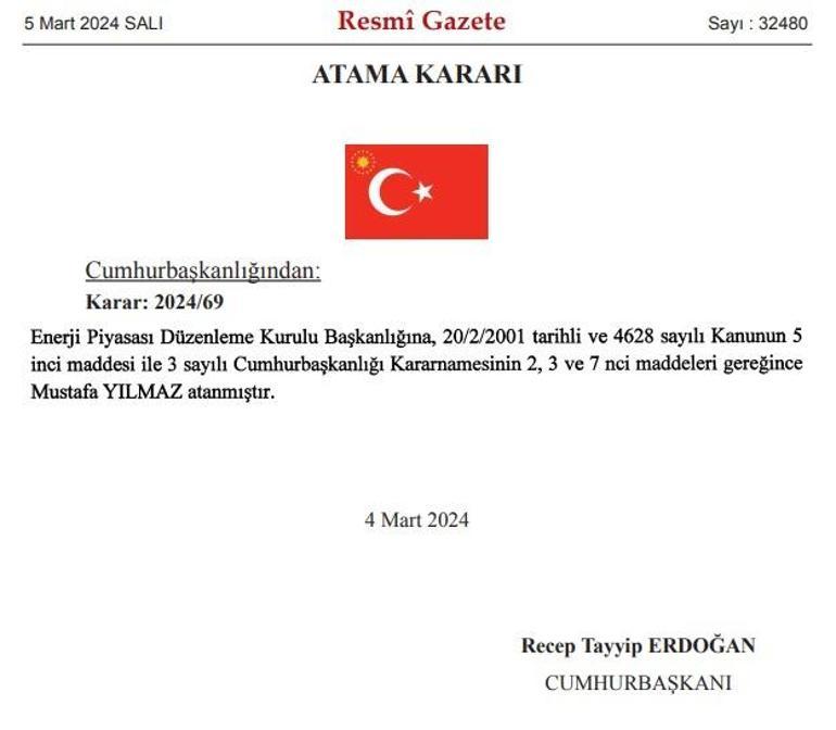 Resmi Gazetede yayımlandı EPDK Başkanlığına Mustafa Yılmaz atandı
