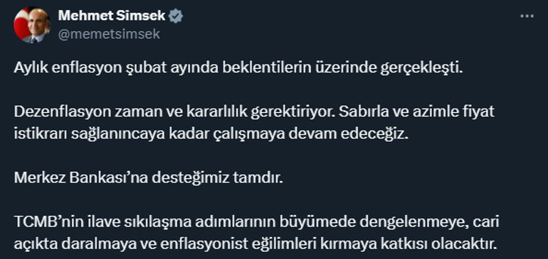 Bakan Şimşekten enflasyon açıklaması: Merkez Bankasına desteğimiz tamdır