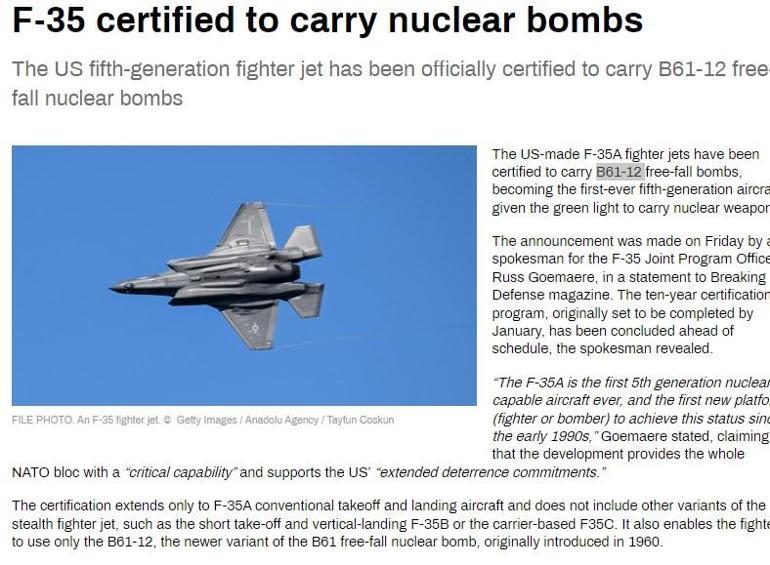 F-35lere nükleer füze ABDden tüyler ürperten karar: B61-12ler monte edilecek