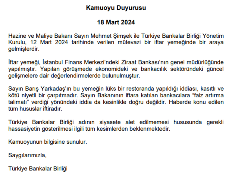 Türkiye Bankalar Birliğinden faiz artırma talimatı iddialarına ilişkin açıklama