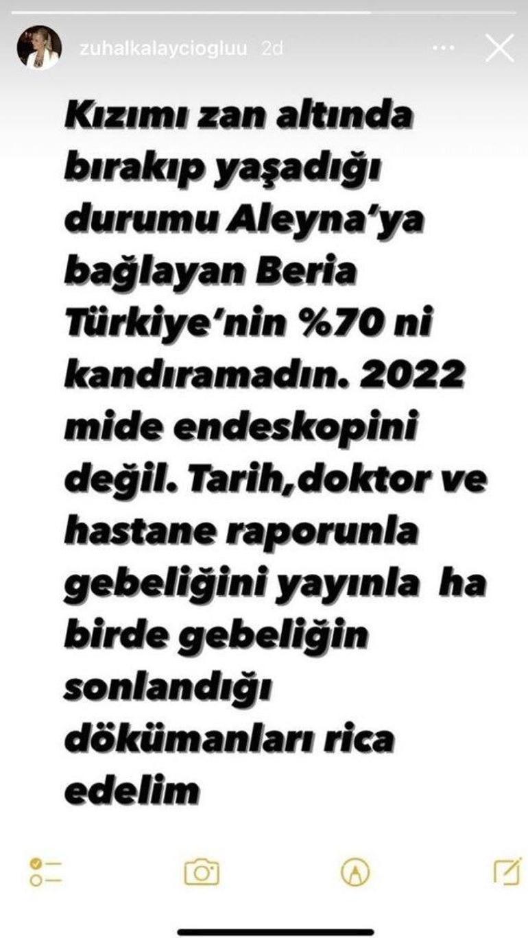 Aleyna Kalaycıoğlunun annesinden Beria Özdene: Gebeliğin sonlandığı dokümanları yayınla