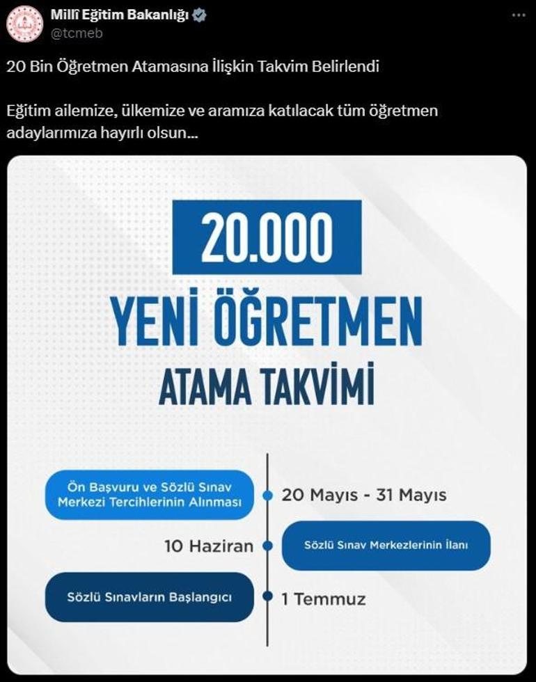 20 bin öğretmen ataması yapılacak İşte taban puanları ve tam branş listesi...