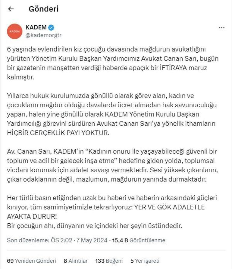 KADEMden Canan Sarı açıklaması İftiraya maruz kaldı, gerçeklik payı yoktur