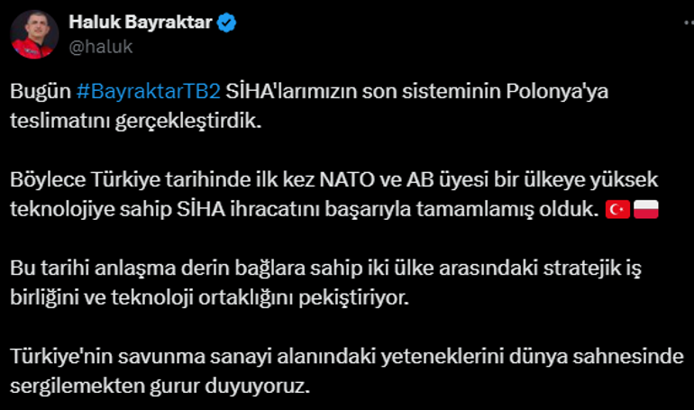 Haluk Bayraktar açıkladı TB-2 SİHAların son sistemi Polonyaya teslim edildi