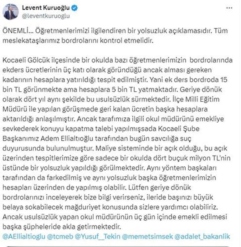 Maaş bordrolarını inceleyen öğretmenler fark etti Milyonluk ek ders yolsuzluğu iddiası