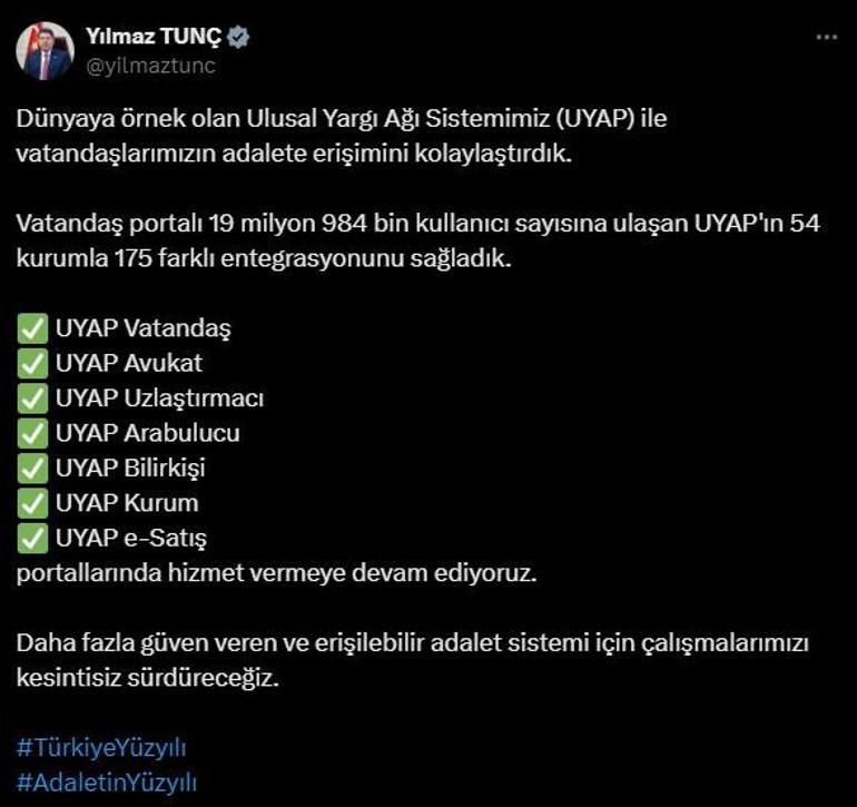 Adalet Bakanı Tunçtan UYAP açıklaması