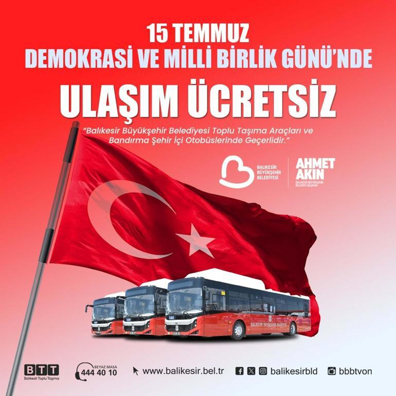 Balıkesirde 15 Temmuzda toplu ulaşım ücretsiz olacak