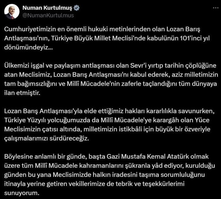 TBMM Başkanı Kurtulmuştan Lozan Antlaşması paylaşımı