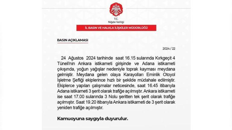 Niğdede toprak kayması Otoyolda tünel geçişinde ulaşım kısa süreli aksadı